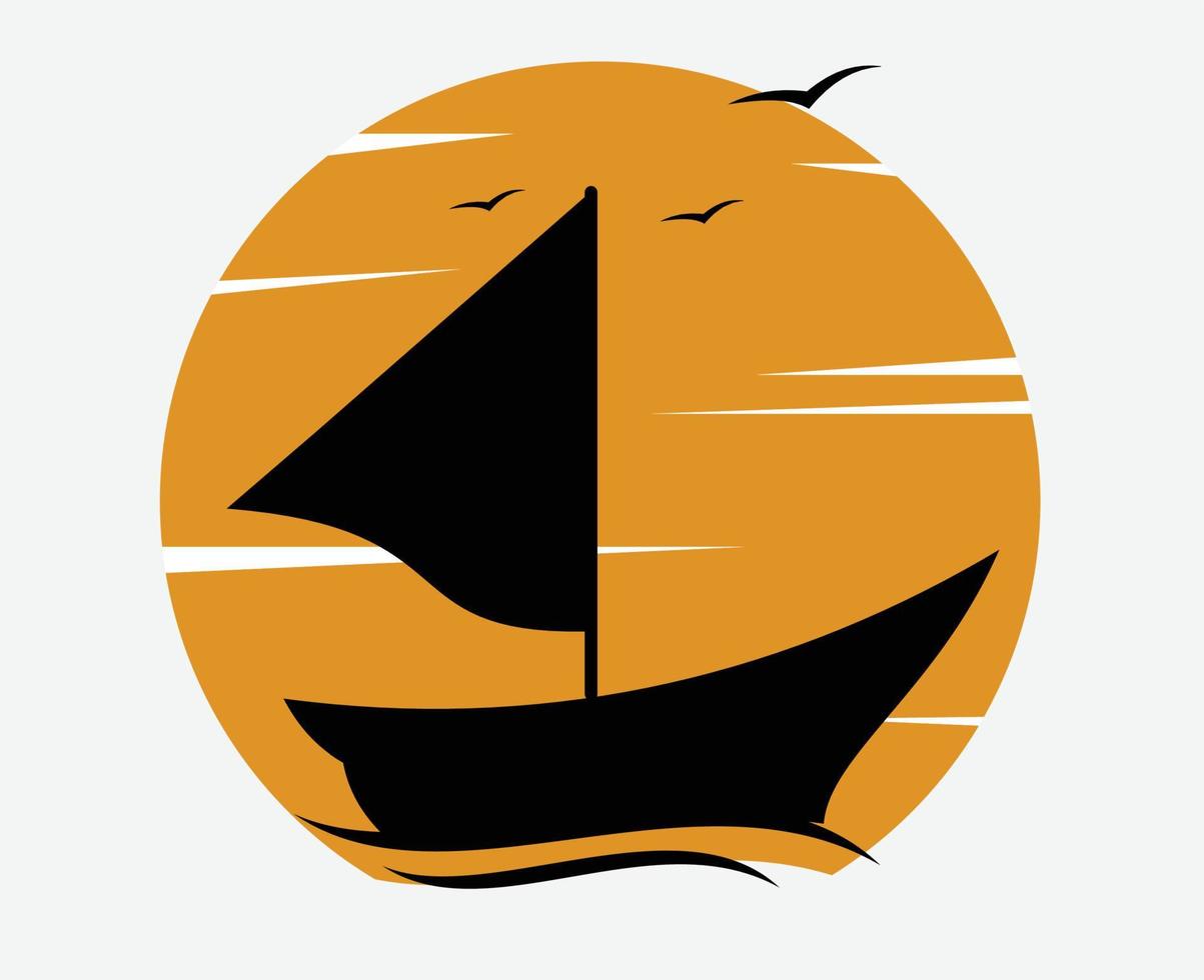 silhouette logo barca da pesca su sfondo tramonto vettore