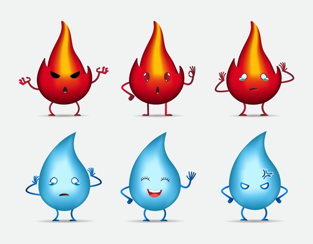 raccolta di fuoco e acqua icona del design del personaggio dei cartoni animati. felice, arrabbiata e triste diversa espressione del vettore di fuoco e acqua.