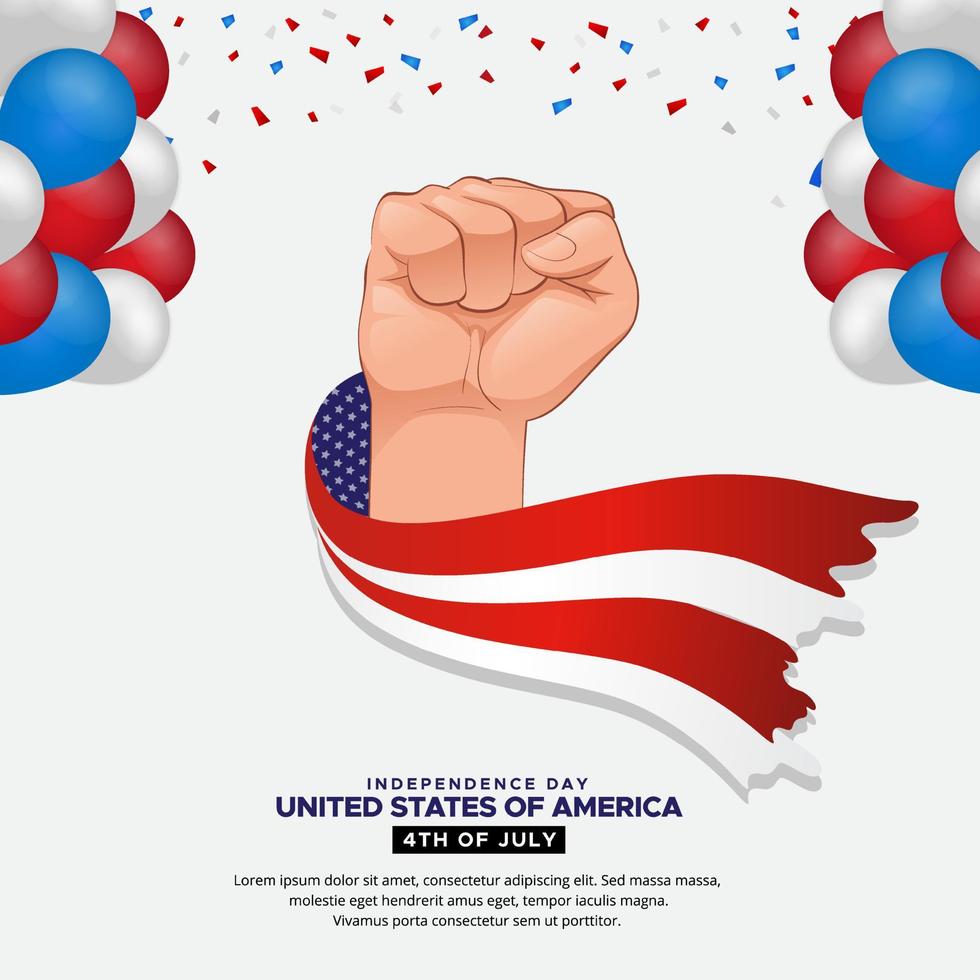 design del giorno dell'indipendenza americana con palloncino, nastro, mano e bandiera. sfondo moderno del giorno dell'indipendenza degli stati uniti d'america vettore