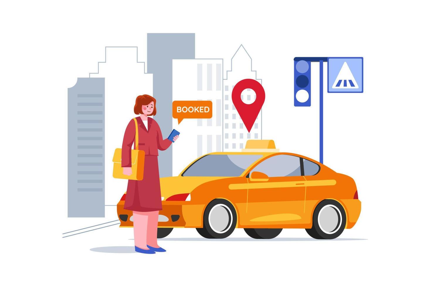 donna d'affari che utilizza lo smartphone per ordinare un taxi sull'app vettore