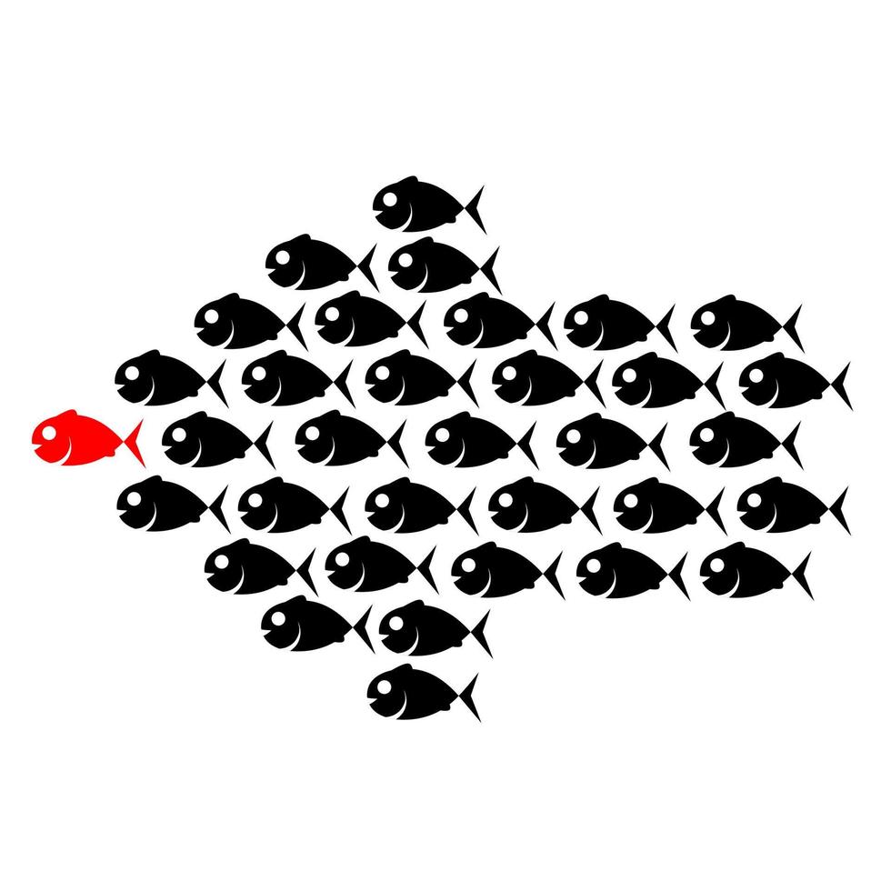 illustrazione vettoriale di un gruppo di piccoli pesci che nuotano seguendo il loro leader. concetto di design della colonia di pesci neri dopo il pesce rosso. Isolato su uno sfondo bianco. ottimo per loghi sul mare.