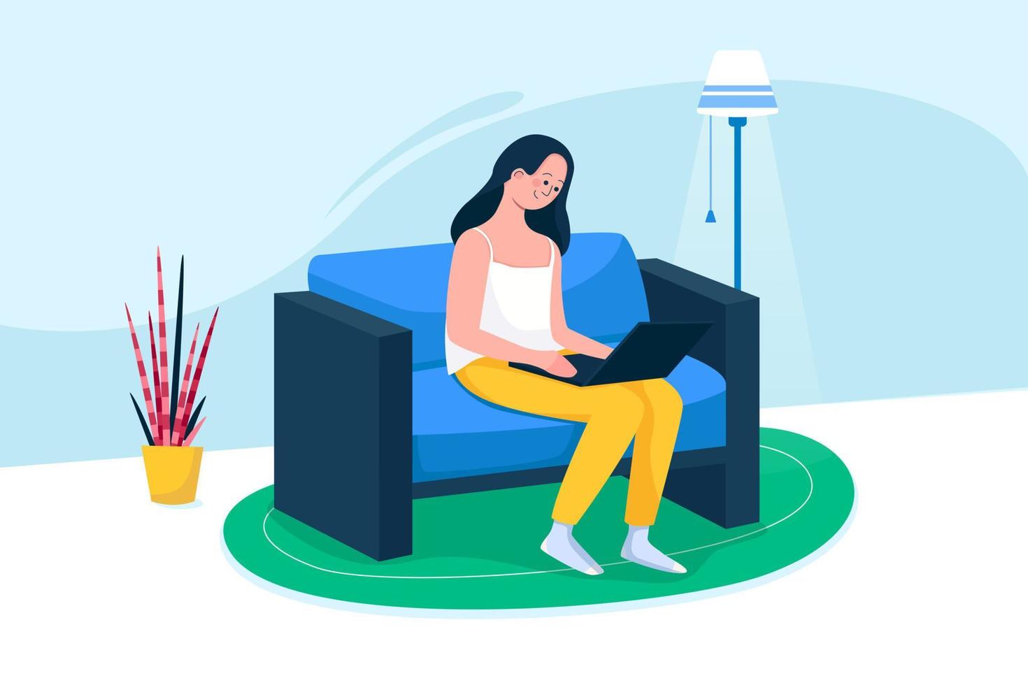donna con il computer portatile a casa seduto sul divano digitando vettore