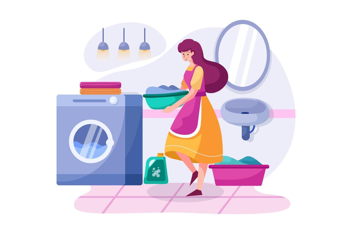 la donna delle pulizie che porta i vestiti alla lavatrice. vettore