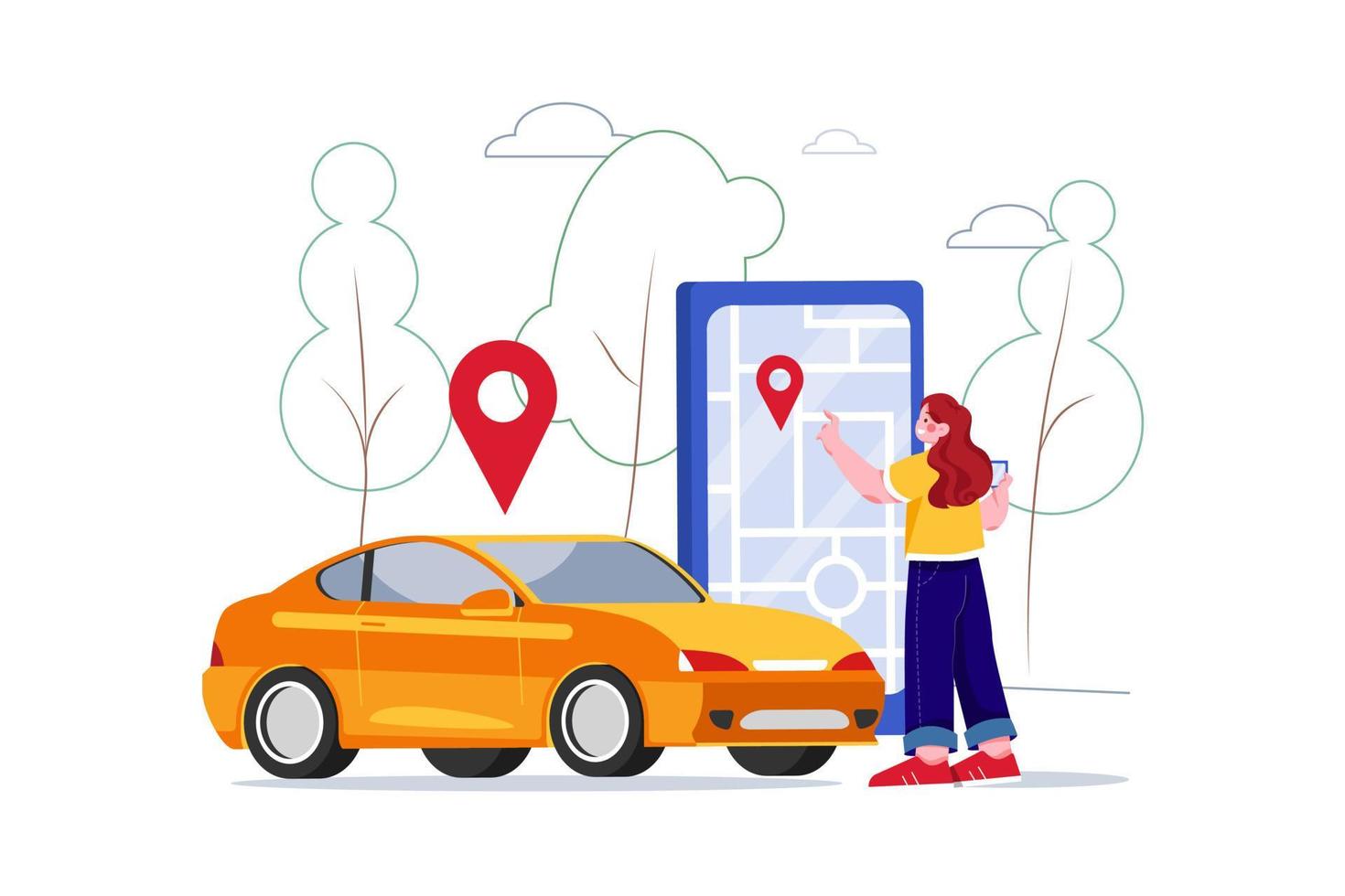 donna vicino allo schermo dello smartphone con percorso e punti situati su una mappa della città sull'auto vettore