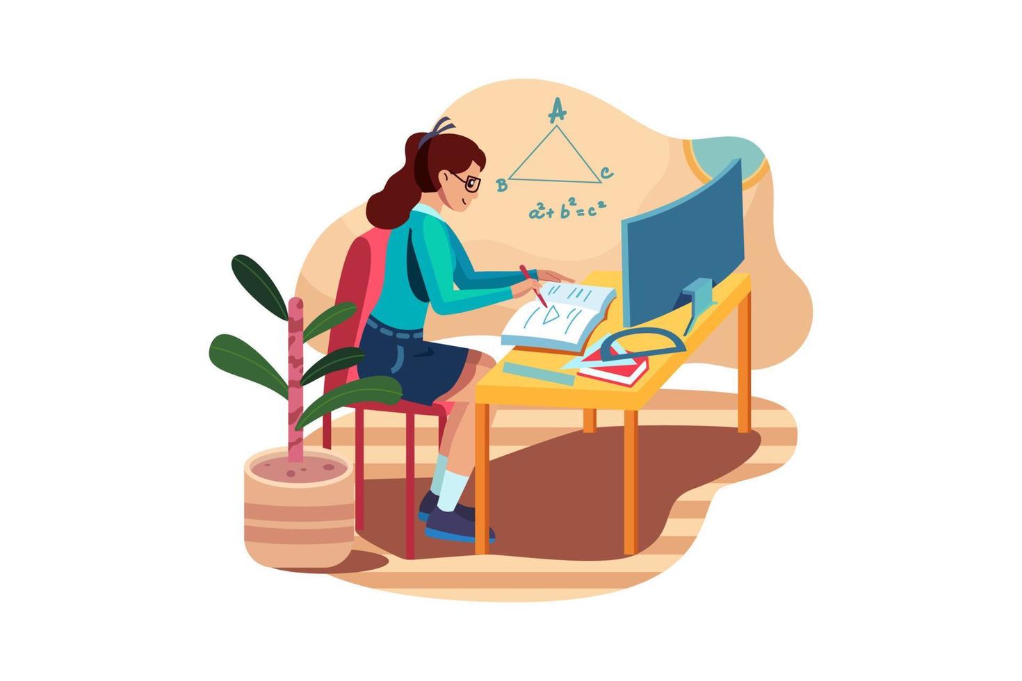 studentessa piuttosto elegante che studia matematica durante la sua lezione online a casa. concetto di educazione online. vettore