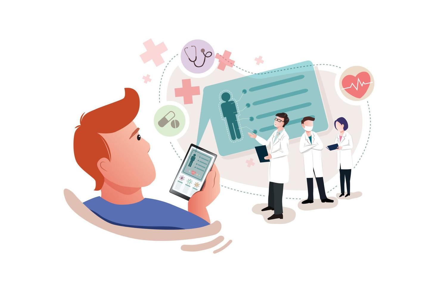 video dell'utente che chiama un medico utilizzando un'app sanitaria sul suo smartphone e un team medico professionale collegato vettore