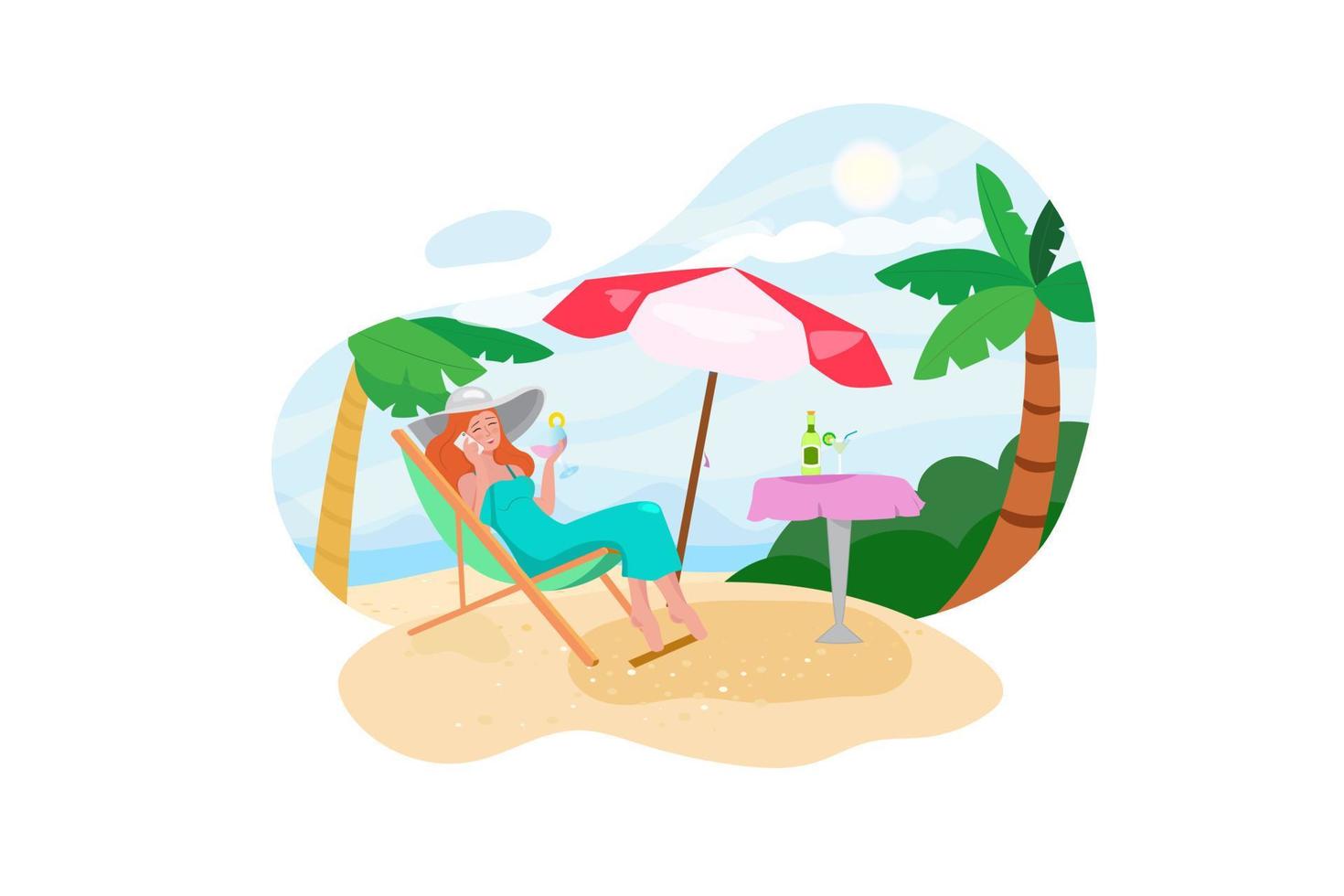il concetto di vacanza al mare di viaggio estivo, la donna asiatica del viaggiatore con il cappello e il vestito si rilassano sulla spiaggia della sedia vettore