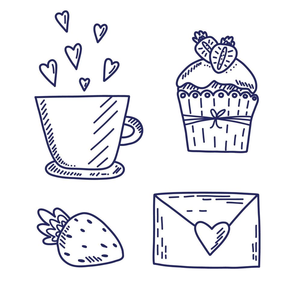 set di elementi vettoriali blu doodle sull'amore con i cuori. felice sfondo di san valentino
