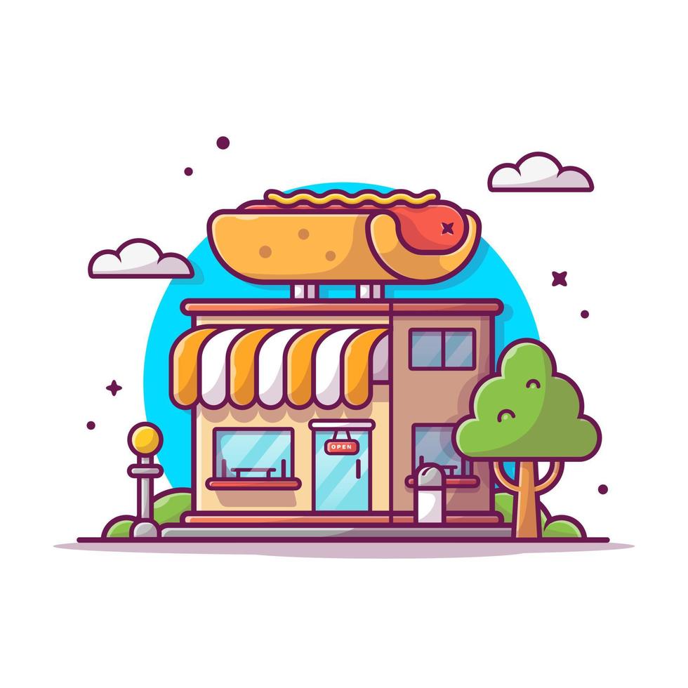 illustrazione dell'icona di vettore del fumetto del negozio di hot dog. concetto di icona alimentare edificio isolato vettore premium. stile cartone animato piatto