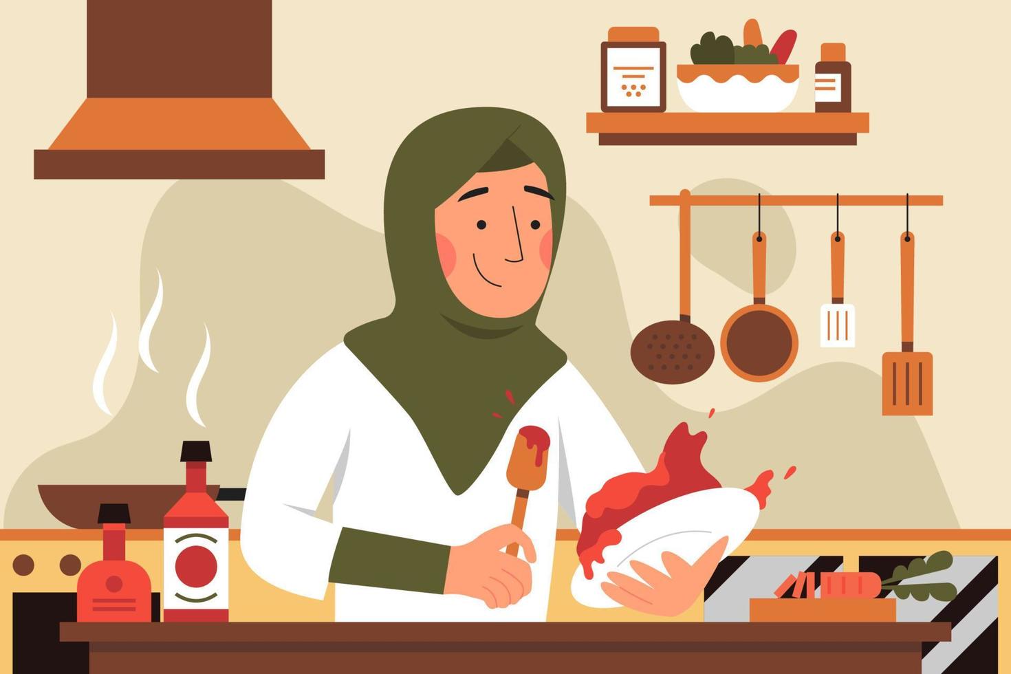 illustrazione piana della salsa di cottura del hijab della donna vettore