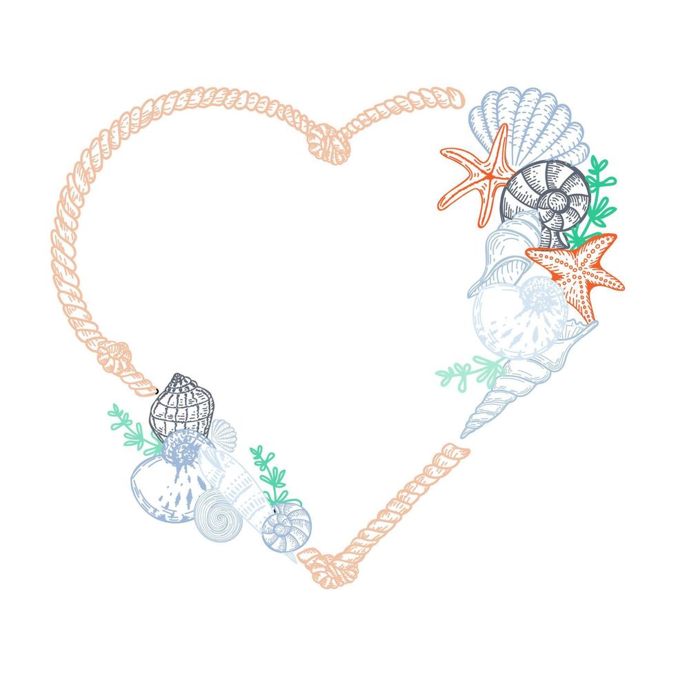 cornice a forma di cuore in stile nautico, elementi disegnati a mano in stile schizzo. creature marine e alghe. corda con nodi. mare-oceano. modello per foto, social media e poster vettore