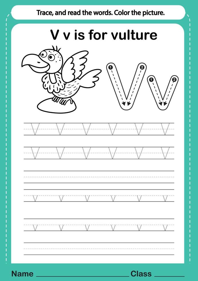 alfabeto v esercizio con vocabolario dei cartoni animati per l'illustrazione del libro da colorare, vettore
