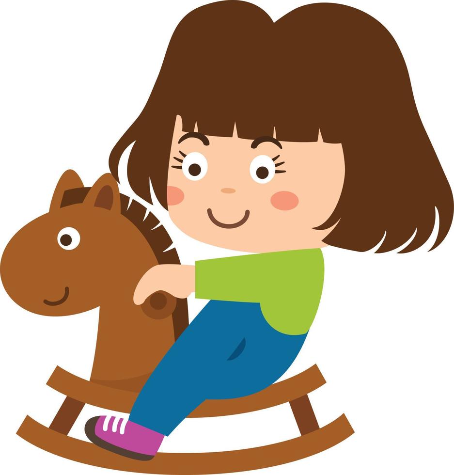 carina ragazza sorridente che cavalca un cavallo a dondolo vettore