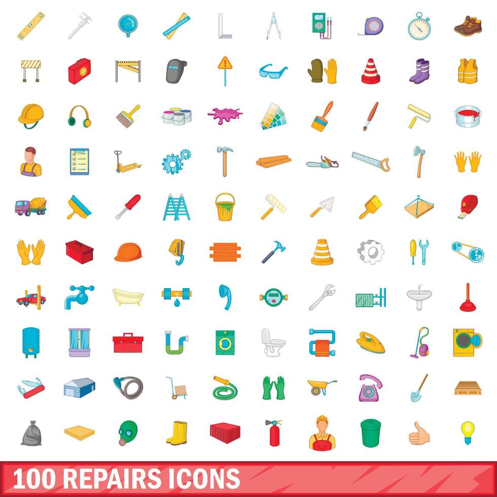100 icone di riparazione impostate, stile cartone animato vettore