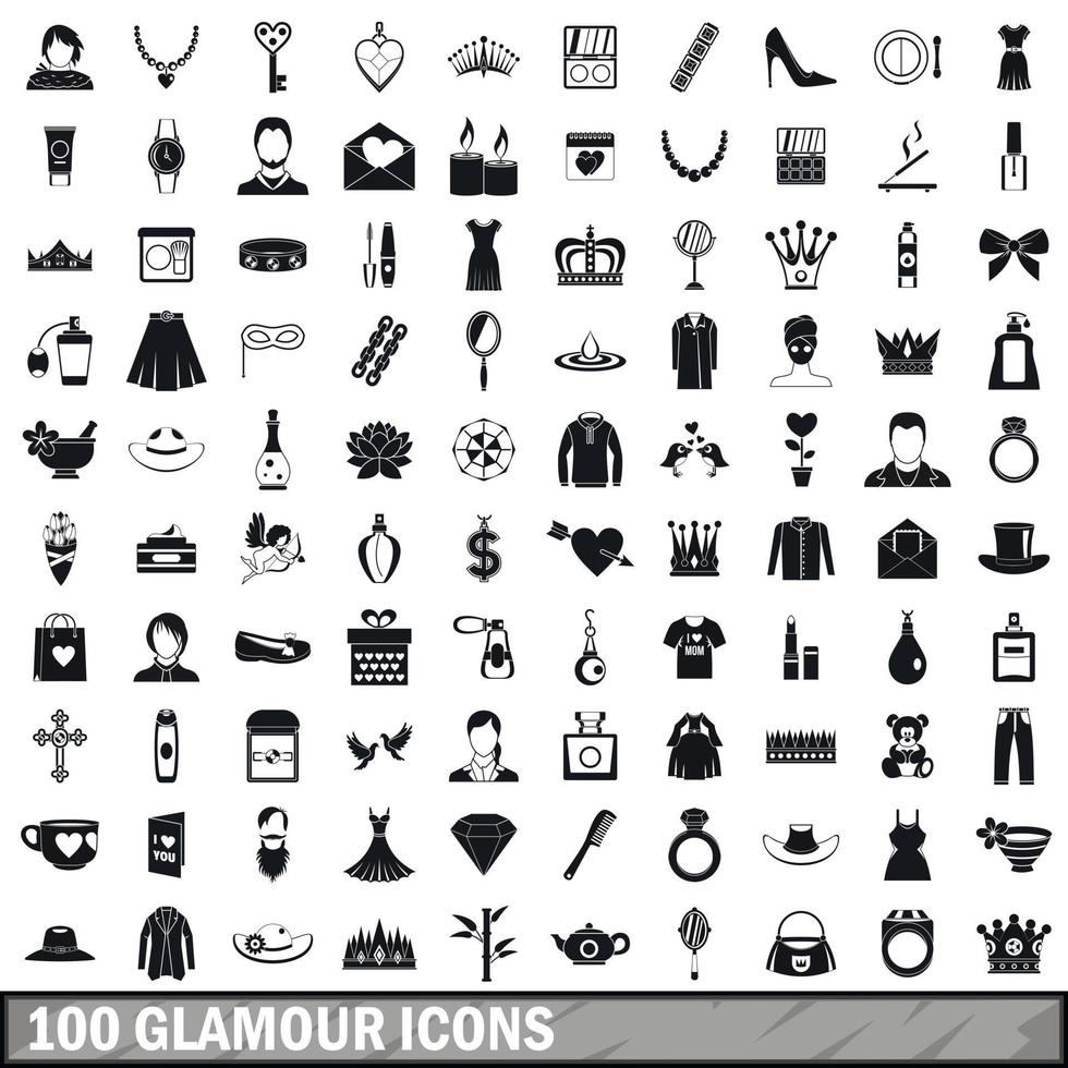 100 icone glamour impostate, stile semplice vettore