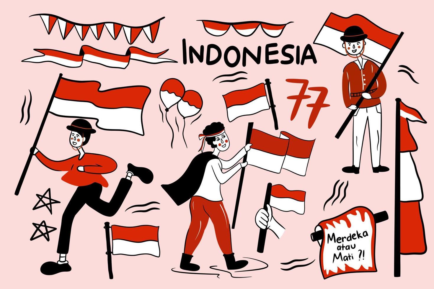 un insieme di doodle disegnato a mano del giorno dell'indipendenza dell'indonesia vettore
