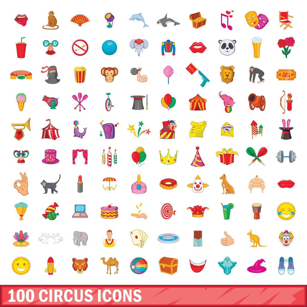 100 set di icone del circo, stile cartone animato vettore