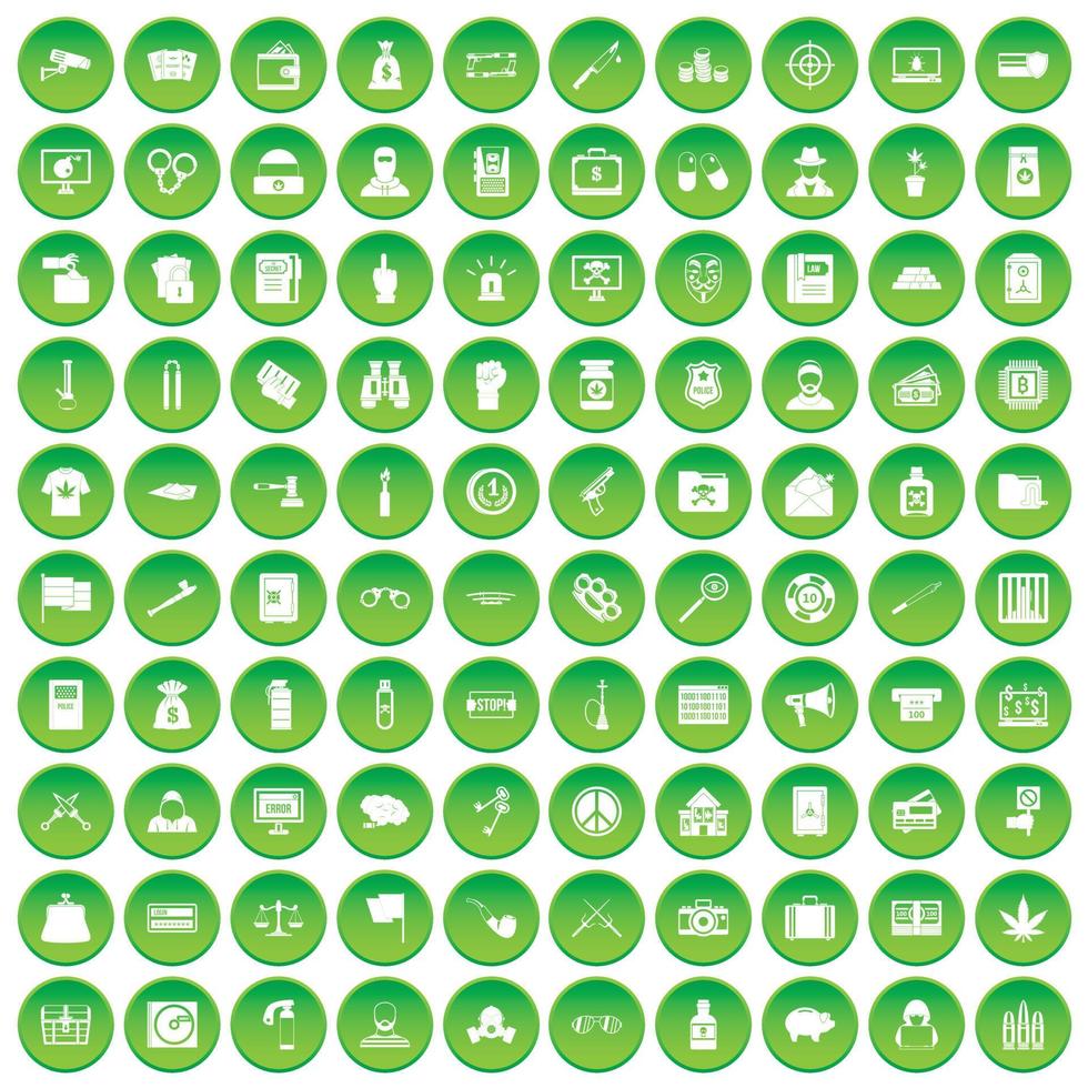 100 icone di reato penale hanno impostato il cerchio verde vettore