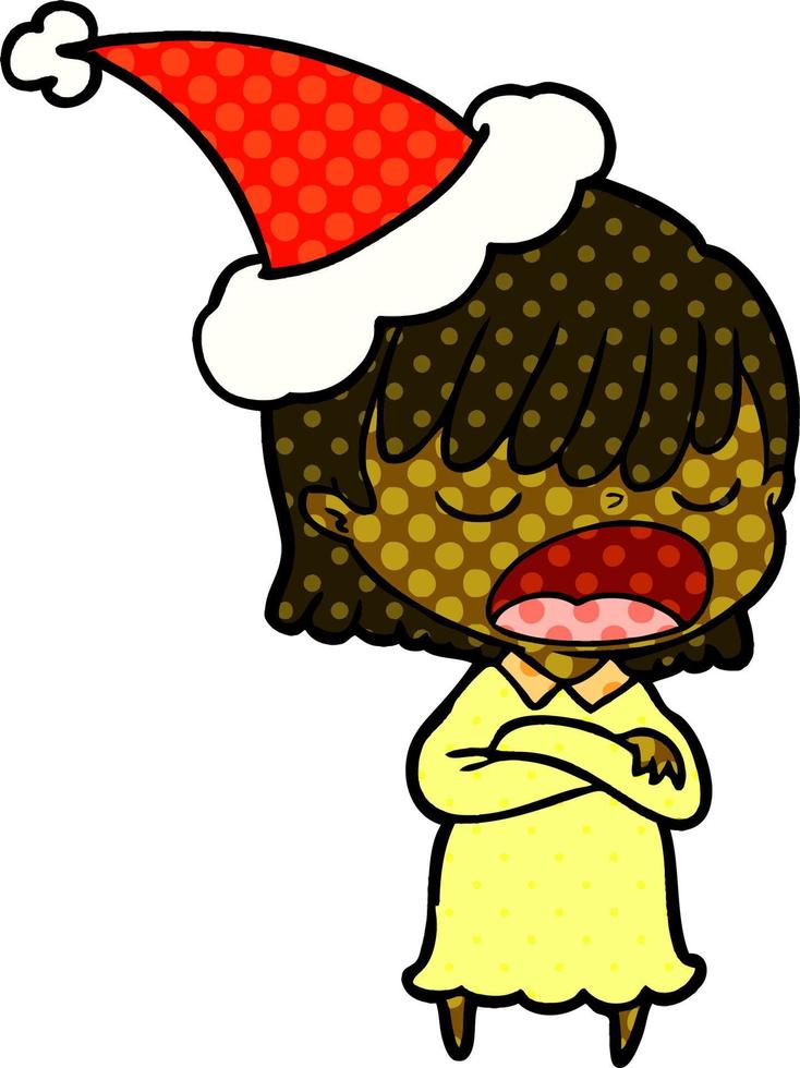 illustrazione in stile fumetto di una donna che parla ad alta voce indossando il cappello di Babbo Natale vettore
