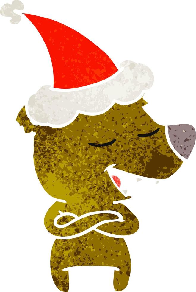 cartone animato retrò di un orso che indossa il cappello di Babbo Natale vettore