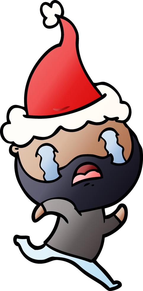 cartone animato sfumato di un uomo barbuto che piange indossando il cappello di Babbo Natale vettore
