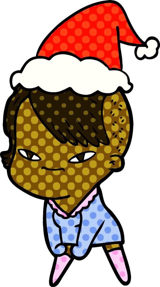 illustrazione in stile fumetto carino di una ragazza con taglio di capelli hipster che indossa il cappello di Babbo Natale vettore