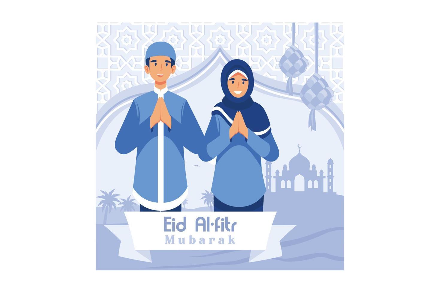 illustrazione di coppia musulmana per i saluti di eid mubarak, felice illustrazione di eid al-fitr per banner o pagina di destinazione del sito Web vettore