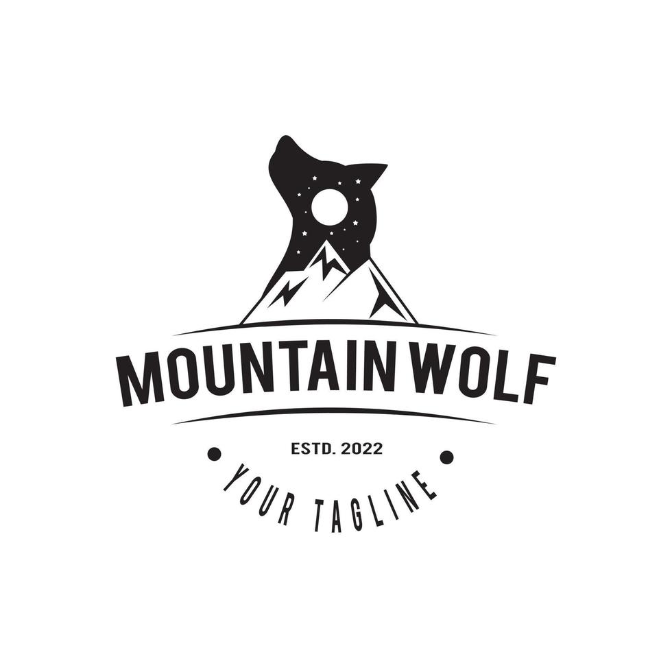 disegno del logo della siluetta della montagna del lupo della natura selvaggia, illustrazione di vettore del lupo