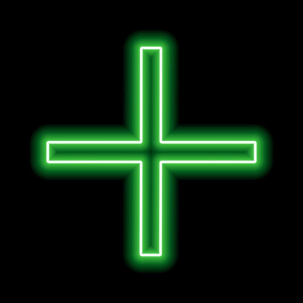 croce al neon verde su sfondo nero. segno più. un oggetto. illustrazione vettoriale
