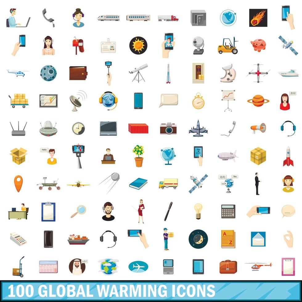 100 set di icone del riscaldamento globale, stile cartone animato vettore