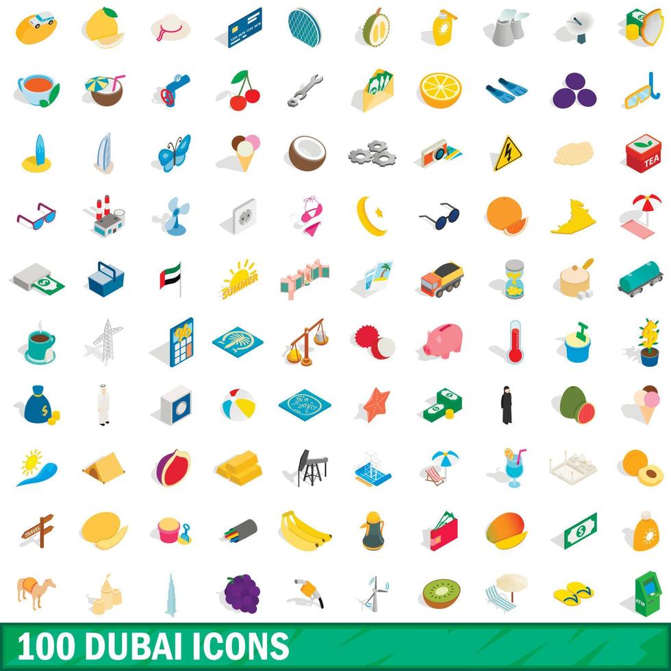 100 set di icone dubai, stile 3d isometrico vettore