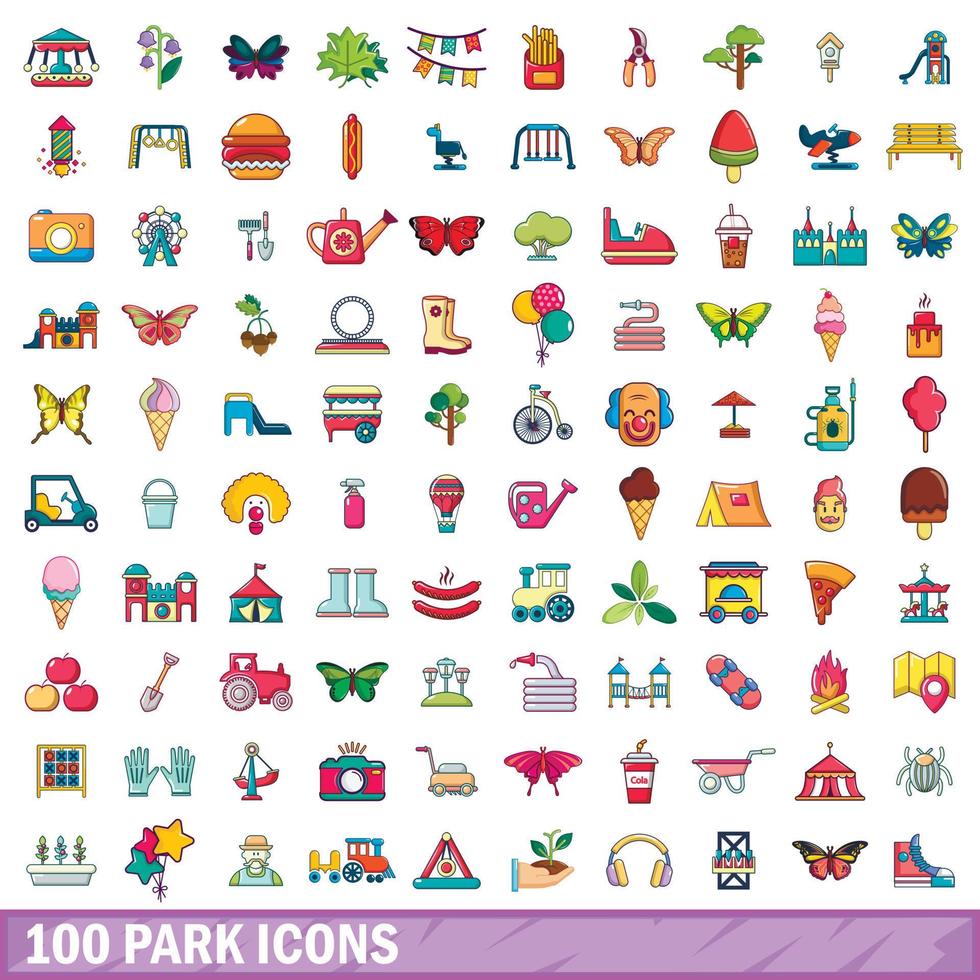 100 set di icone del parco, stile cartone animato vettore