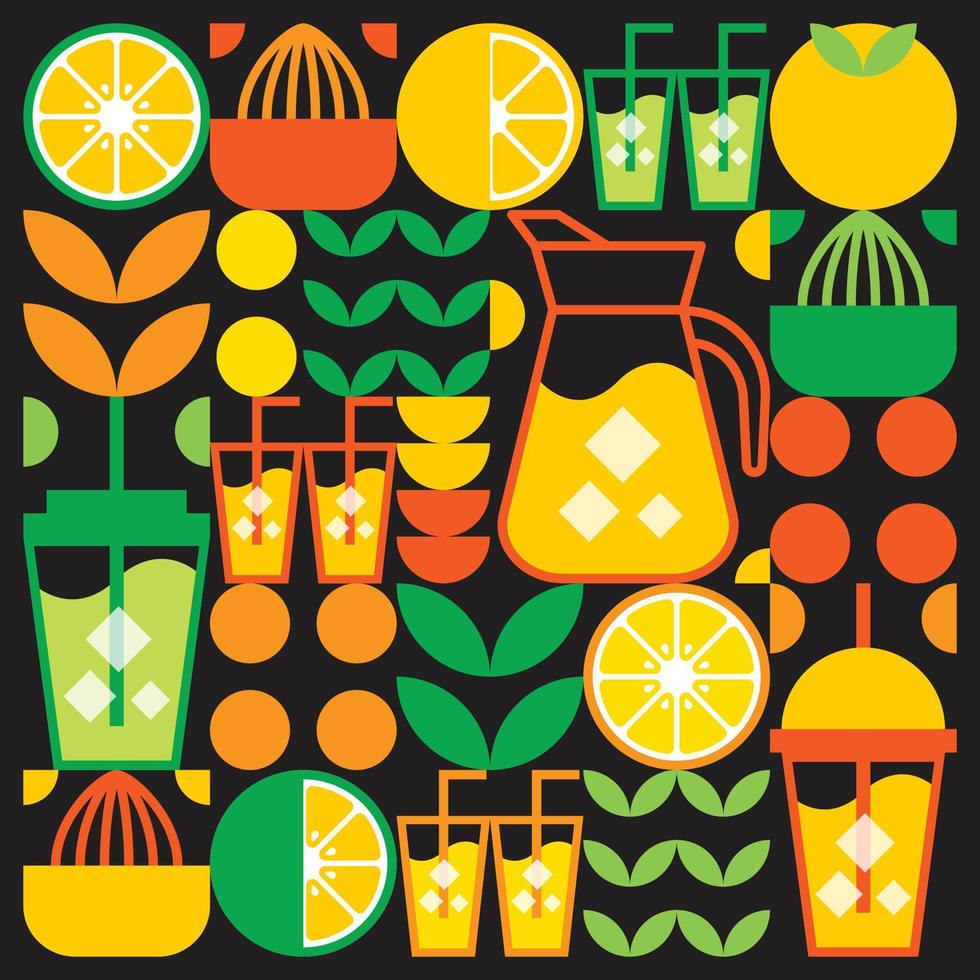 semplice illustrazione piatta di forme astratte di agrumi, limoni, limonata, lime, foglie e altri simboli geometrici. icona della bevanda ghiacciata con succo d'arancia fresco con bicchiere, brocca, paglia e bicchiere di plastica. vettore