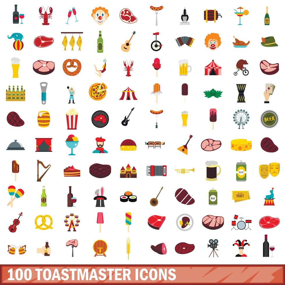 Set di 100 icone toastmaster, stile piatto vettore
