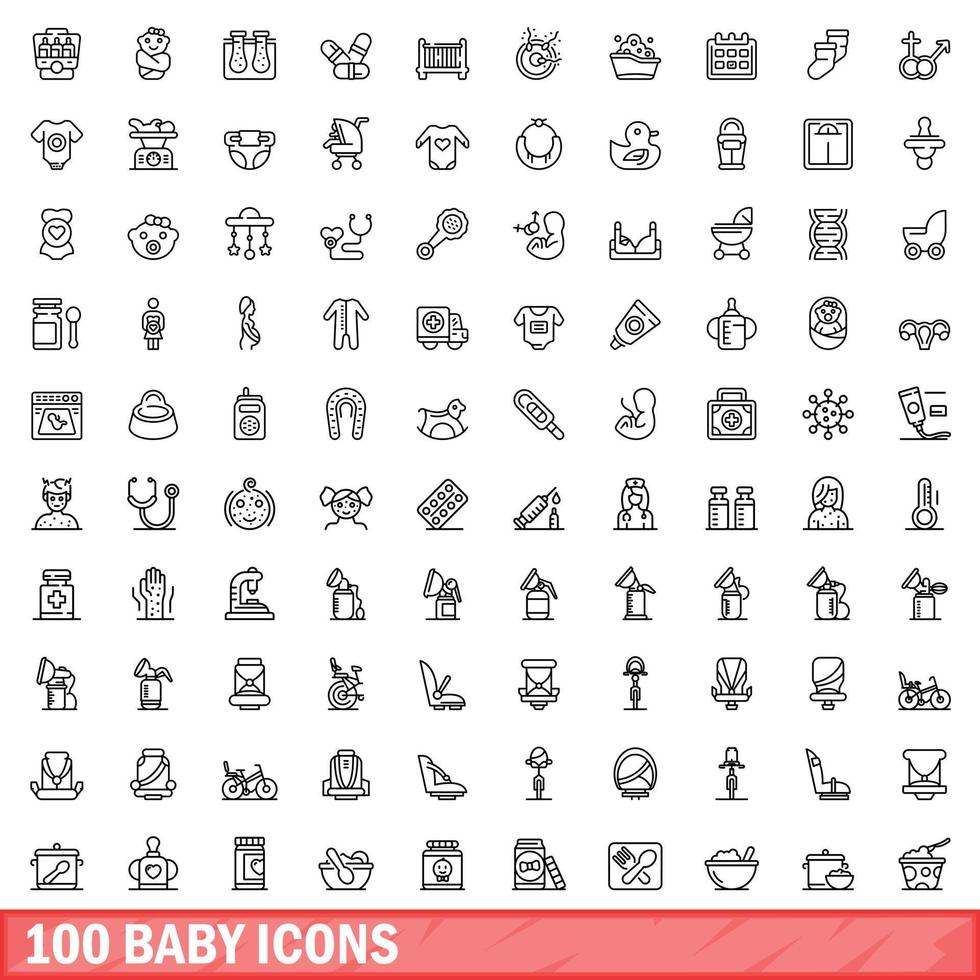Set di 100 icone per bambini, stile contorno vettore