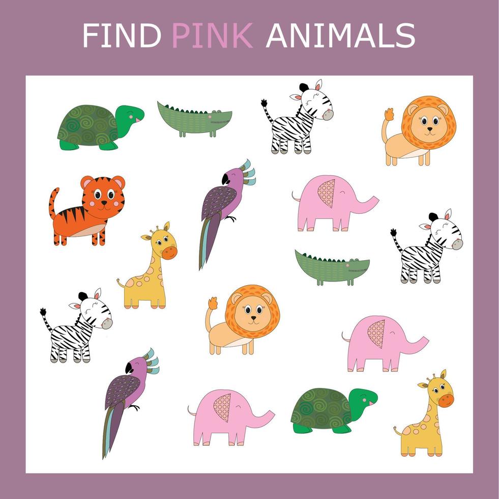 attività educativa per bambini, trova l'animale rosa tra quelli colorati. gioco di logica per bambini. vettore