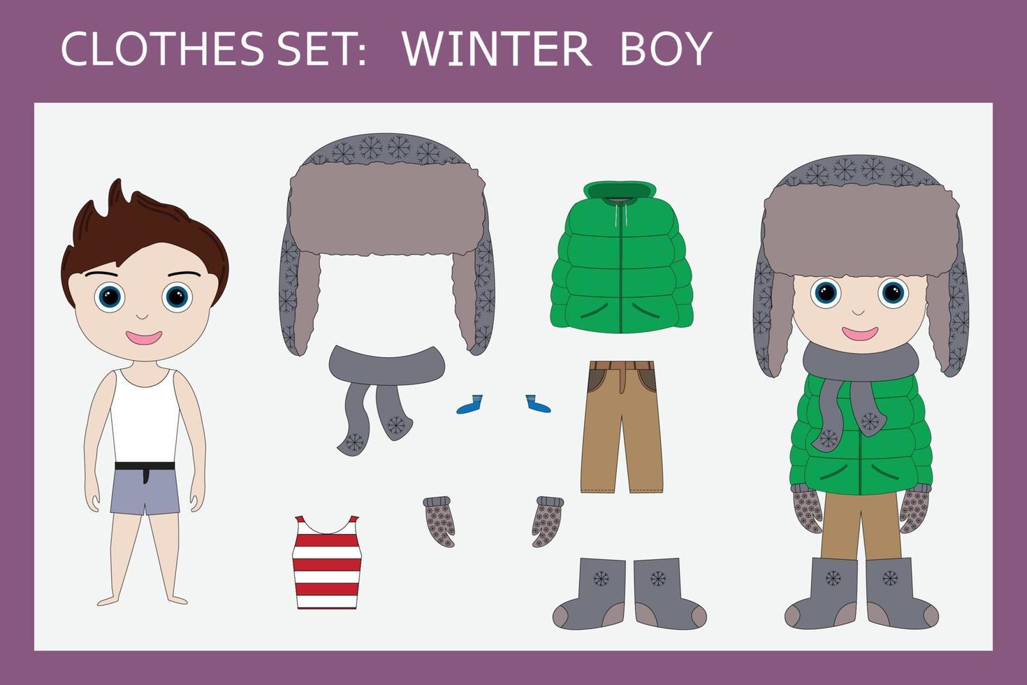 un set di vestiti per un ragazzino allegro per l'inverno t-shirt, pantaloni, giacca, cappello, sciarpa, guanti, stivali, maglione. vestito per un bambino per l'inverno vettore