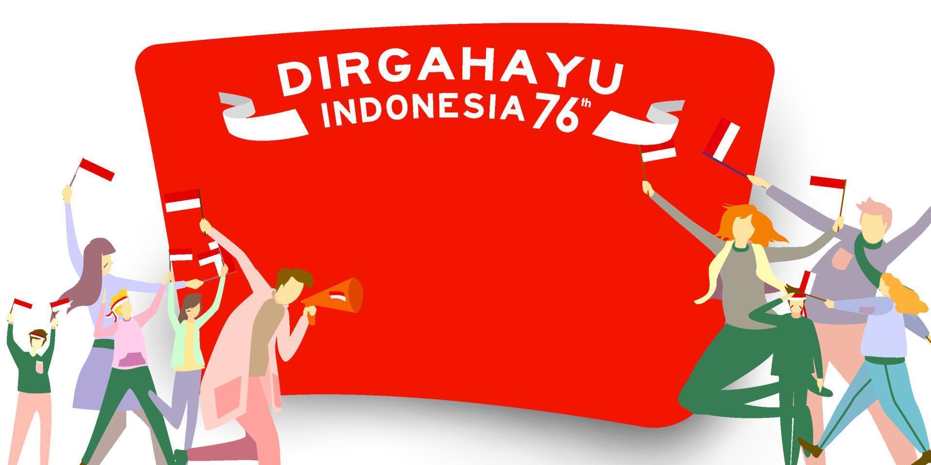 cartolina d'auguri di festa dell'indipendenza dell'indonesia con l'illustrazione di concetto dei giovani di spirito. 76 tahun kemerdekaan indonesia si traduce in 76 anni di festa dell'indipendenza dell'Indonesia. vettore