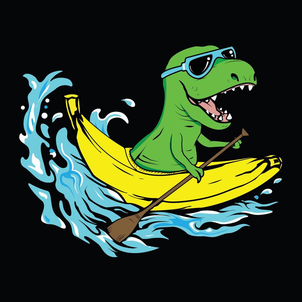 simpatico cucciolo di dinosauro a remi in banana boat. illustrazione dello sport degli animali vettore