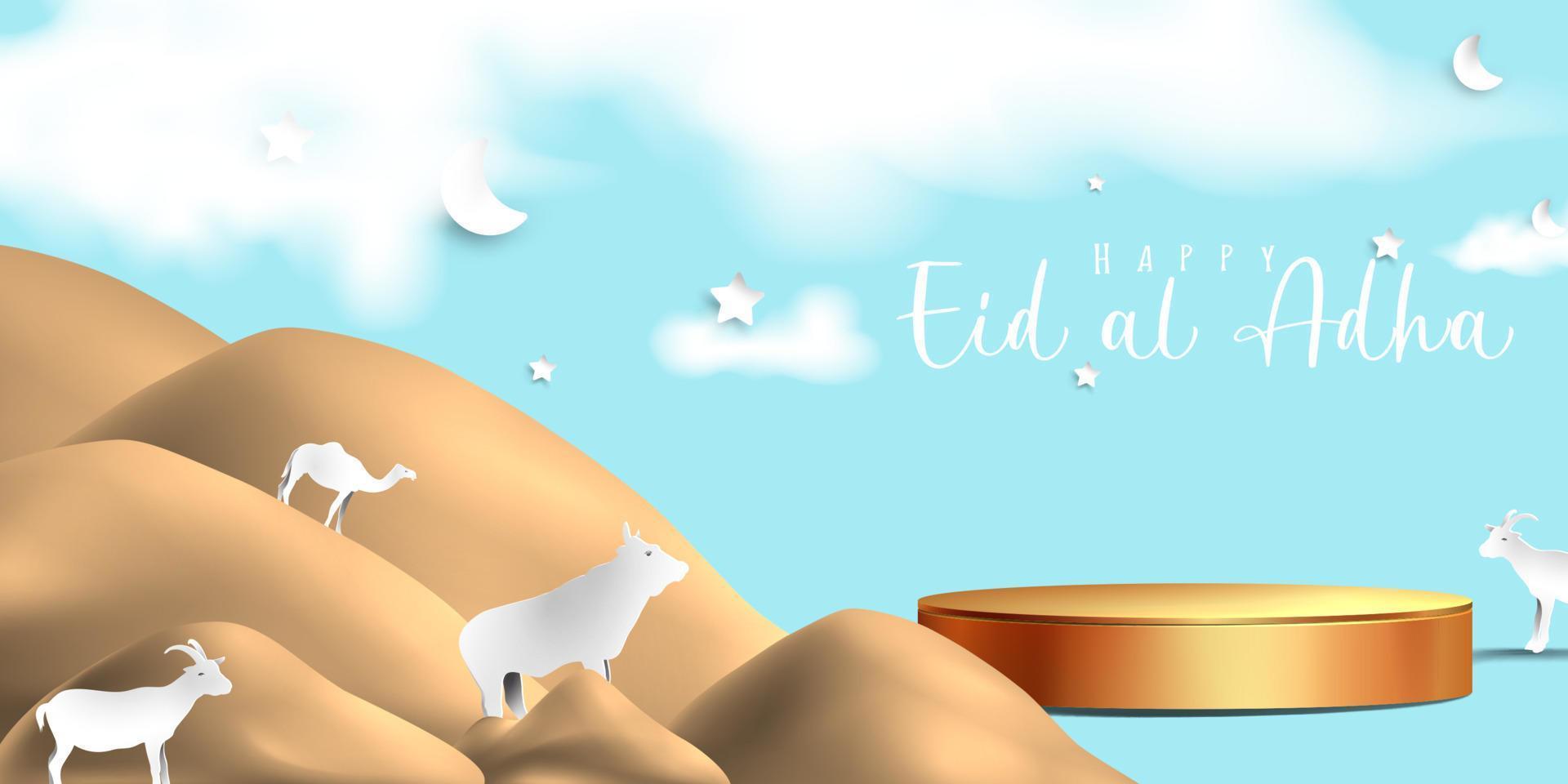 eid al adha decorazione islamica mostra lo sfondo del podio con capra, cammello, mucca, luna e stella. vetrina di prodotti per ramadan kareem, mawlid, eid al fitr, muharram vettore