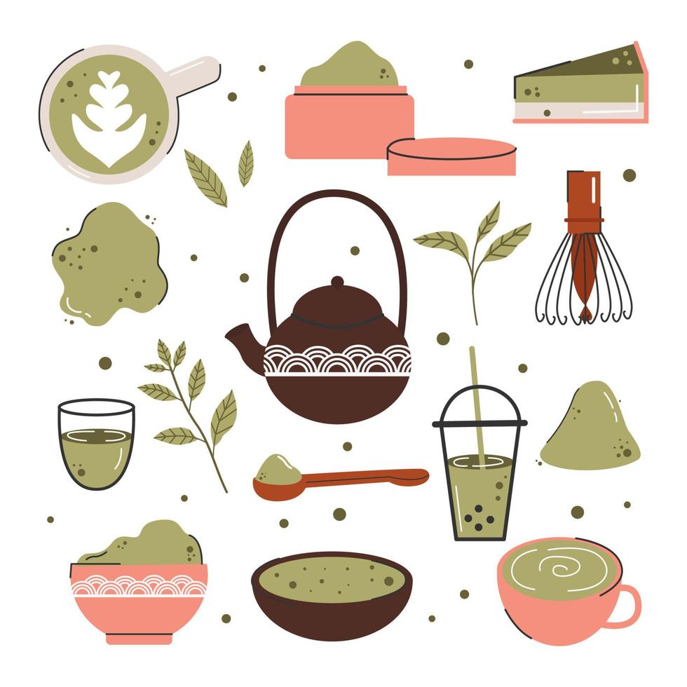 grande set di diversi prodotti per il tè matcha nello stile degli scarabocchi. cultura del tè giapponese. matcha latte è una bevanda salutare illustrazione di moda a colori vettoriale disegnata a mano.