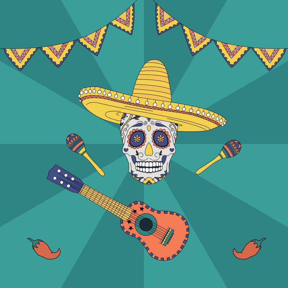 teschio messicano con maracas e una chitarra. illustrazione vettoriale piatta disegnata a mano.