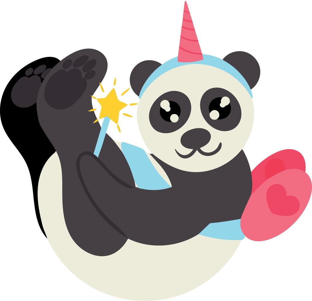 simpatico panda giocoso in un costume da fata con una bacchetta magica su sfondo bianco. illustrazione vettoriale. elemento di design vettore
