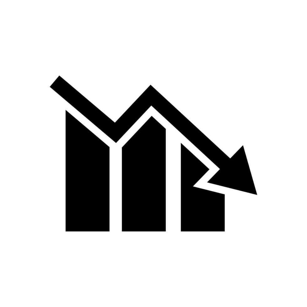 grafico con tendenza verso il basso, freccia rivolta verso il basso sul grafico, illustrazione vettoriale rotonda, segno di affari e denaro su sfondo isolato