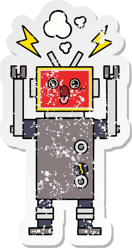 adesivo angosciato di un malfunzionamento di un robot simpatico cartone animato vettore