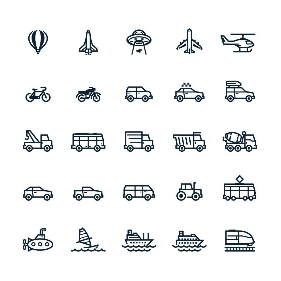 icone di trasporto e veicoli con sfondo bianco vettore