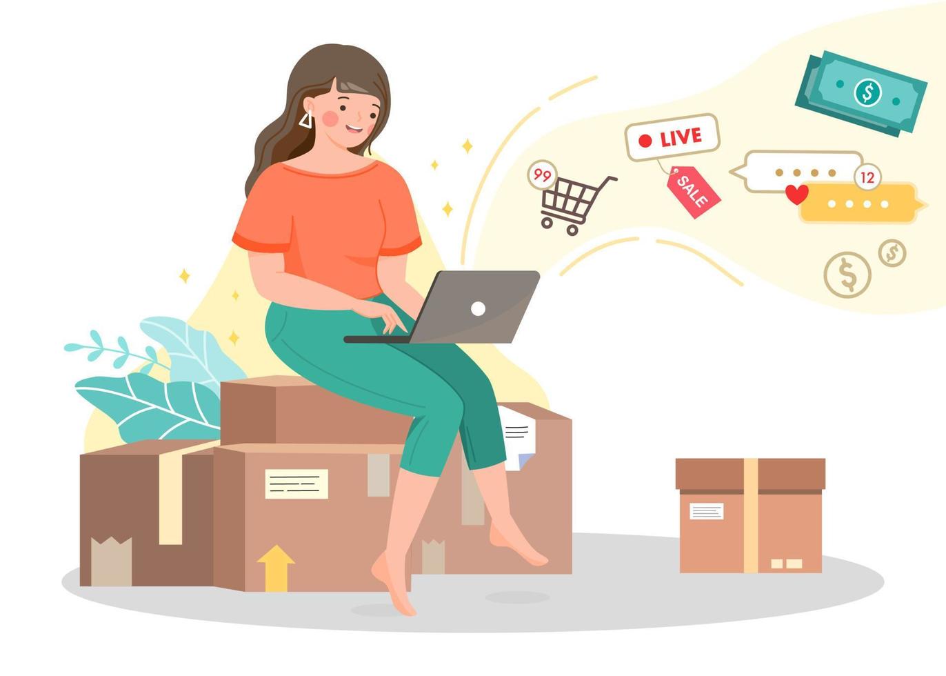 giovane ragazza vive al computer, vende roba online e controlla gli ordini sul negozio di e-commerce, preparandosi a imballare le scatole con pacchi e pacchi di carta, moderno concetto di business e shopping. vettore piatto.