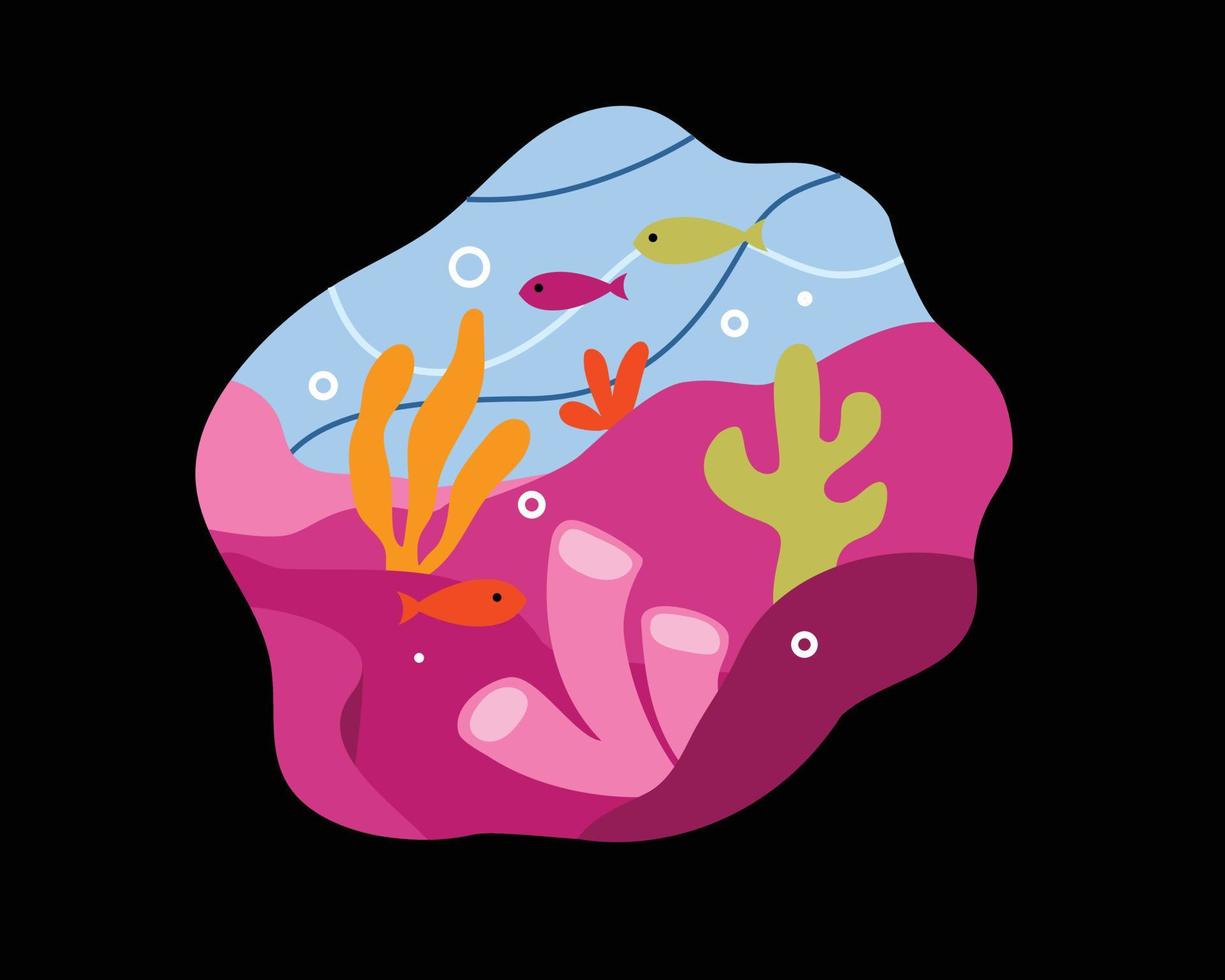 illustrazione disegnata a mano di un paesaggio del mondo sottomarino in stile cartone animato. graziose piante subacquee dal design piatto e coralli sul fondo del mare. vettore