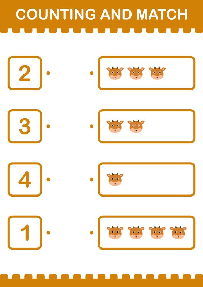 contare e abbinare la faccia di cervo. foglio di lavoro per bambini vettore