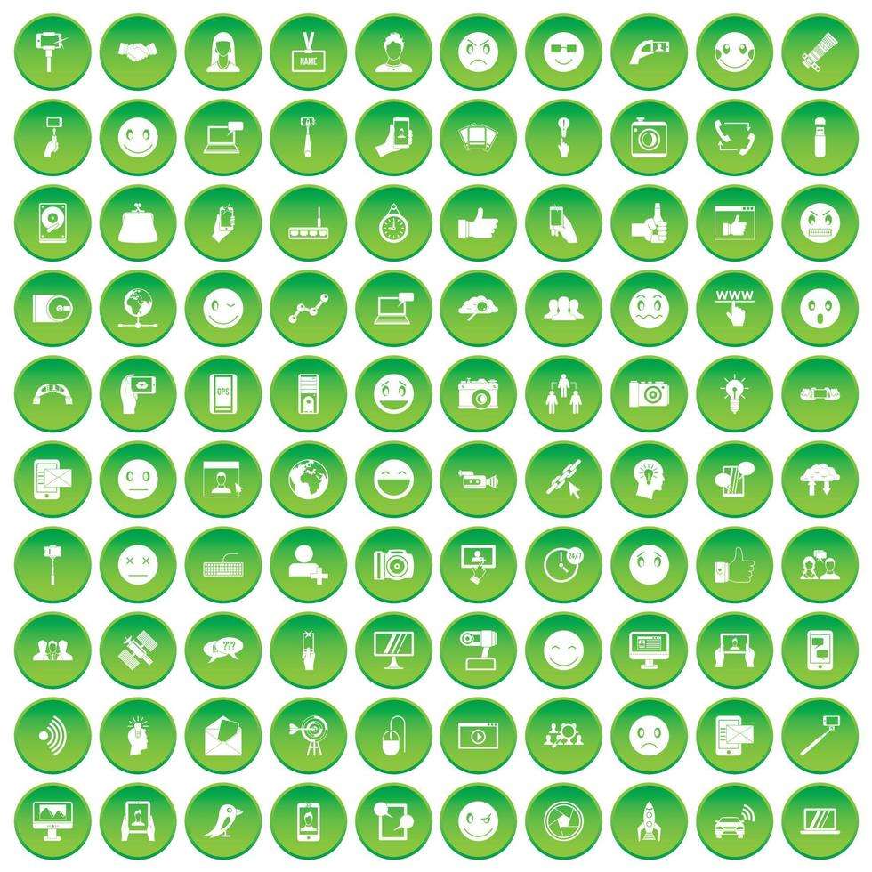 100 icone dei social media impostano un cerchio verde vettore